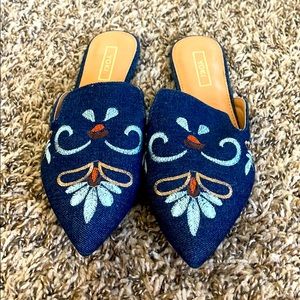 embroidered yoki mules